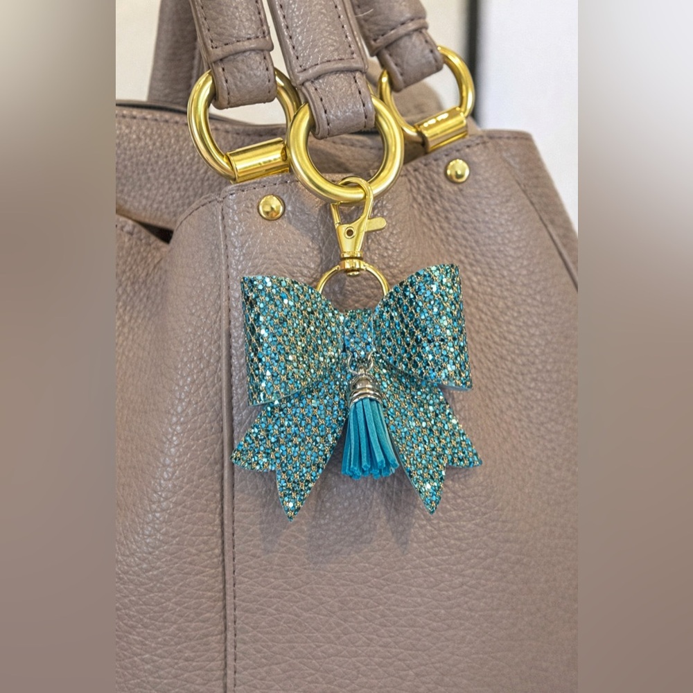 Light Teal and Gold Glitter and Tassel Bag Charm Key Chain